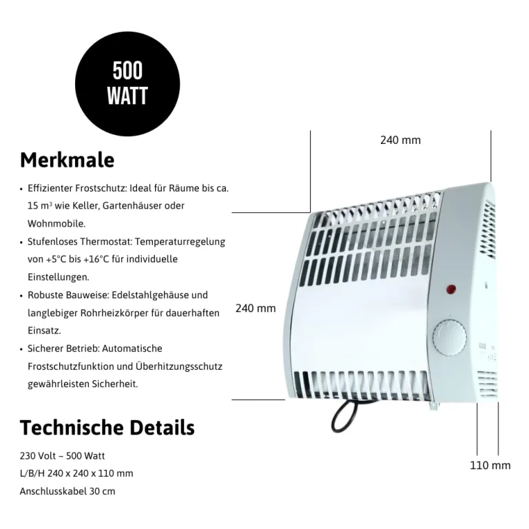 EHLERS FW 500 Frostwächter – 500 W Heizgerät mit Thermostat & Wandmontage, Frostschutz für Räume bis 15 m³ (5–16 °C regelbar) – Bild 2
