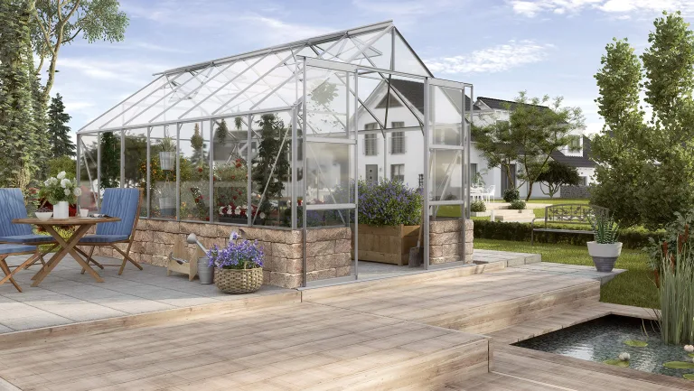 Gartenwelt Riegelsberger Gewächshaus Cassandra - Ausführung: 11500 ESG 3 mm Alu, Fläche: ca. 11,5 m², mit 4 Dachfenster, Sockel: 2,56 x 4,50 x 0,50 m – Bild 1
