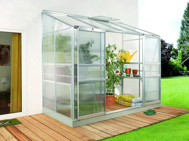 Gartenwelt Riegelsberger Anlehngewächshaus Ida - Ausführung: 3300 HKP 4 mm Alu, Fläche: ca. 3,3 m², mit 1 Dachfenster, Sockelmaß: 1,28 x 2,54 m – Bild 1
