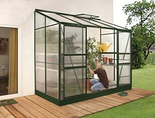 Gartenwelt Riegelsberger Anlehngewächshaus Ida - Ausführung: 3300 HKP 4 mm dunkelgrün, Fläche: ca. 3,3 m², mit 1 Dachfenster, Sockelmaß: 1,28 x 2,54 m – Bild 1