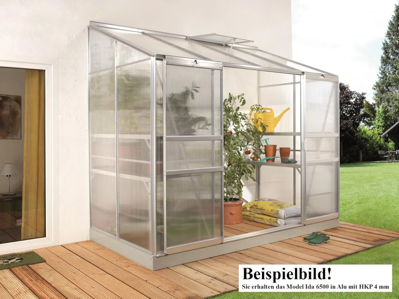 Gartenwelt Riegelsberger Anlehngewächshaus Ida - Ausführung: 6500 HKP 4 mm Alu, Fläche: ca. 6,5 m², mit 2 Dachfenster, Sockelmaß: 1,90 x 3,17 m - Bild 1