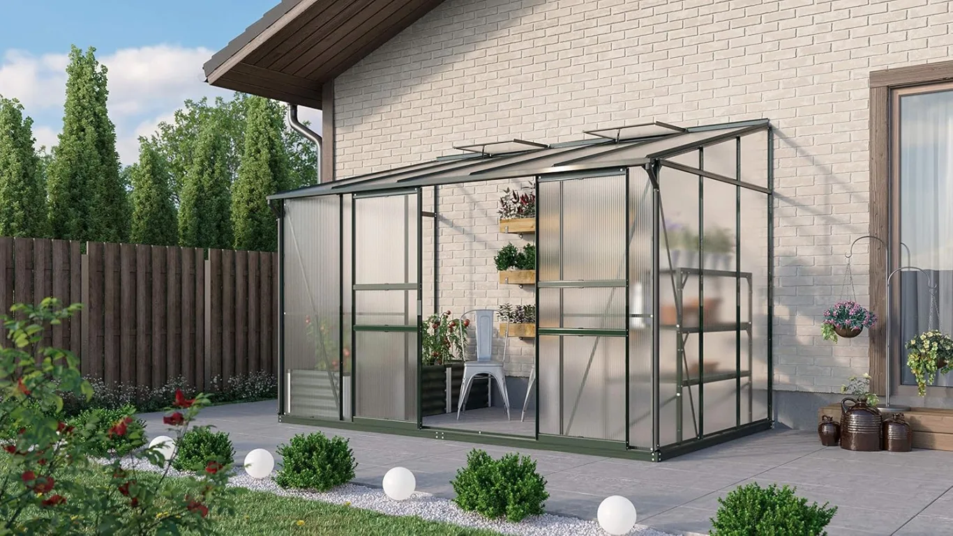 Gartenwelt Riegelsberger Anlehngewächshaus Ida - Ausführung: 6500 HKP 6 mm dunkelgrün, Fläche: ca. 6,5 m², mit 2 Dachfenster, Sockelmaß: 1,90 x 3,17 m - Bild 1