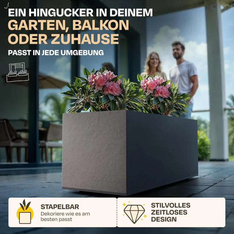 Ondis24 Vulkan Pflanzkübel groß außen Kunststoff 100cm Schiefer Optik Blumentopf mit Wasserspeicher Winterfest anthrazit – Bild 7
