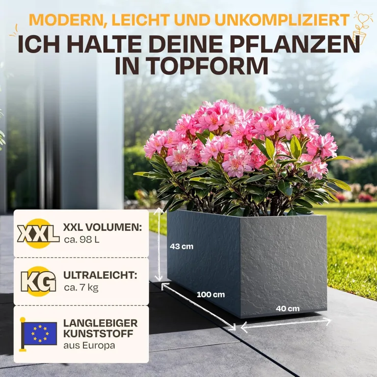 Ondis24 Vulkan Pflanzkübel groß außen Kunststoff 100cm Schiefer Optik Blumentopf mit Wasserspeicher Winterfest anthrazit – Bild 2