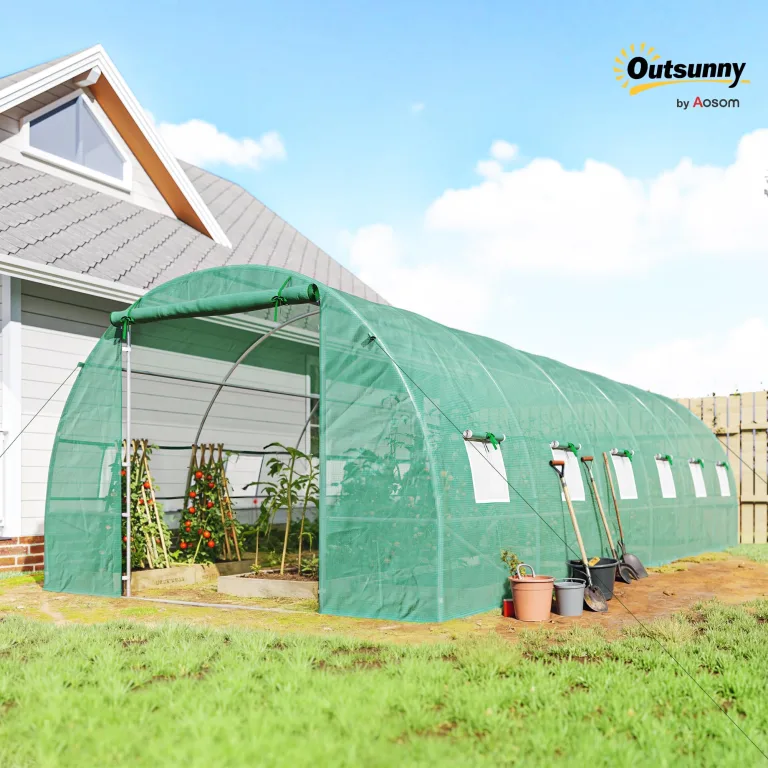 Outsunny Gewächshaus 800x300x200cm Foliengewächshaus Tomatenhaus mit Tür, 12 Fenster, Folientunnel aus verzinktem Stahl, PE, stabiles Treibhaus Pflanztunnel, inkl. Erdanker & Seilen, Grün – Bild 2