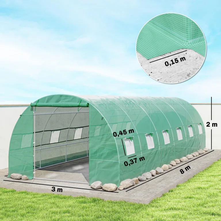 Outsunny Gewächshaus 800x300x200cm Foliengewächshaus Tomatenhaus mit Tür, 12 Fenster, Folientunnel aus verzinktem Stahl, PE, stabiles Treibhaus Pflanztunnel, inkl. Erdanker & Seilen, Grün – Bild 7
