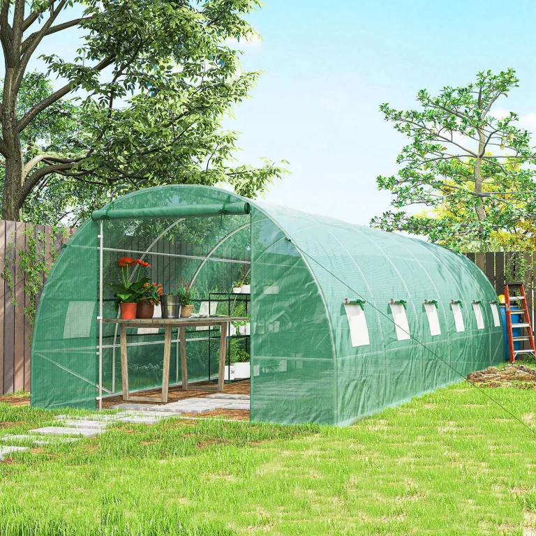 Outsunny Gewächshaus 800x300x200cm Foliengewächshaus Tomatenhaus mit Tür, 12 Fenster, Folientunnel aus verzinktem Stahl, PE, stabiles Treibhaus Pflanztunnel, inkl. Erdanker & Seilen, Grün – Bild 9