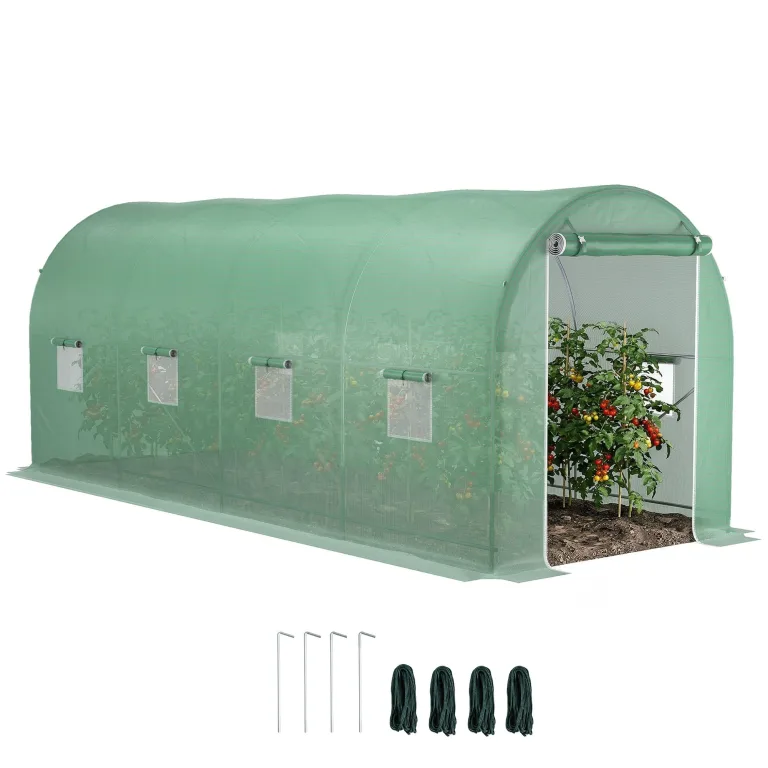 Outsunny Gewächshaus 800x300x200cm Foliengewächshaus Tomatenhaus mit Tür, 12 Fenster, Folientunnel aus verzinktem Stahl, PE, stabiles Treibhaus Pflanztunnel, inkl. Erdanker & Seilen, Grün – Bild 10