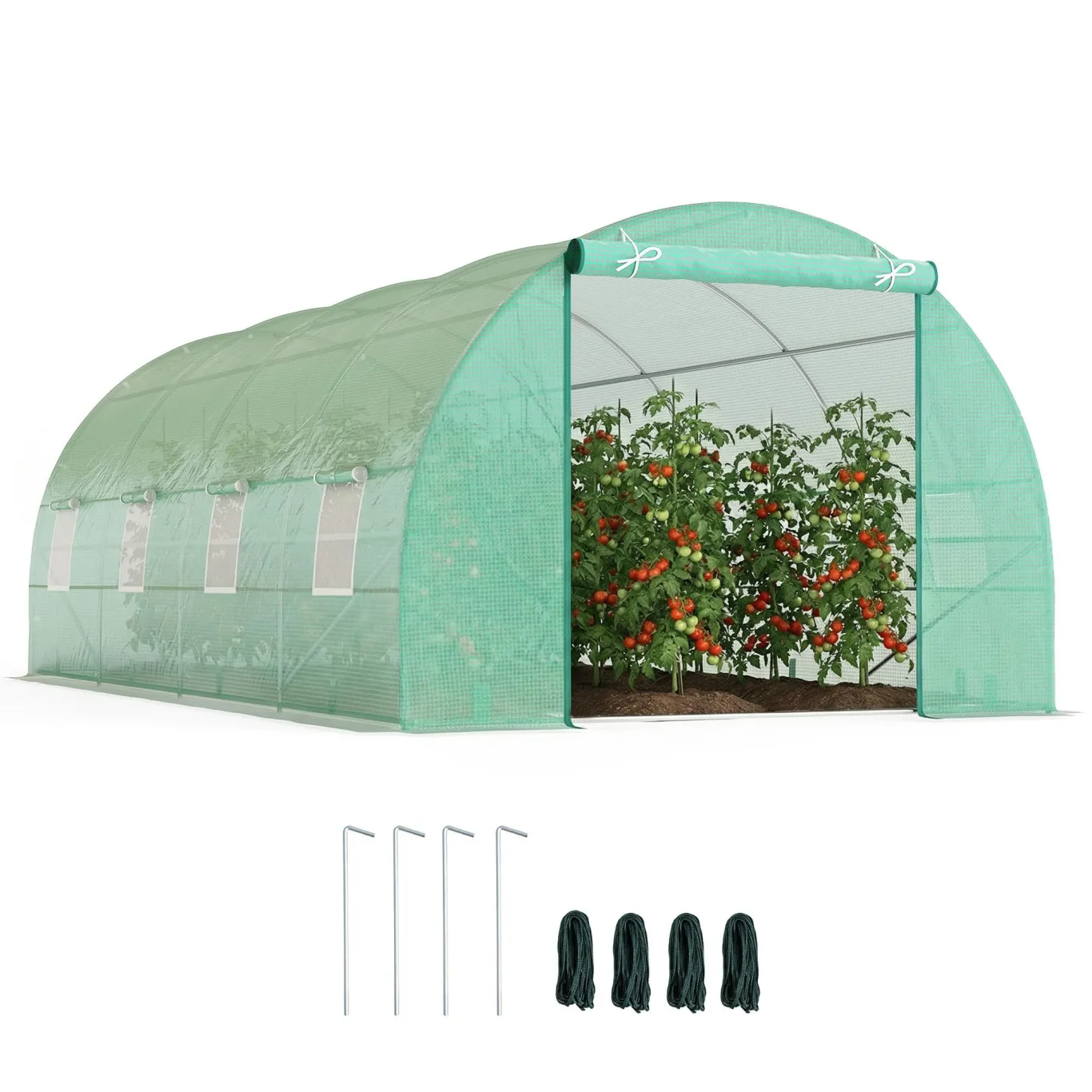Outsunny Foliengewächshaus Tomatengewächshaus Treibhaus Folientunnel Frühbeet mit Fenster Grün 595 x 300 x 200 cm - Bild 1