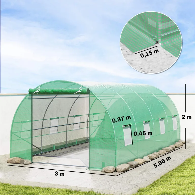 Outsunny Foliengewächshaus Tomatengewächshaus Treibhaus Folientunnel Frühbeet mit Fenster Grün 595 x 300 x 200 cm – Bild 7