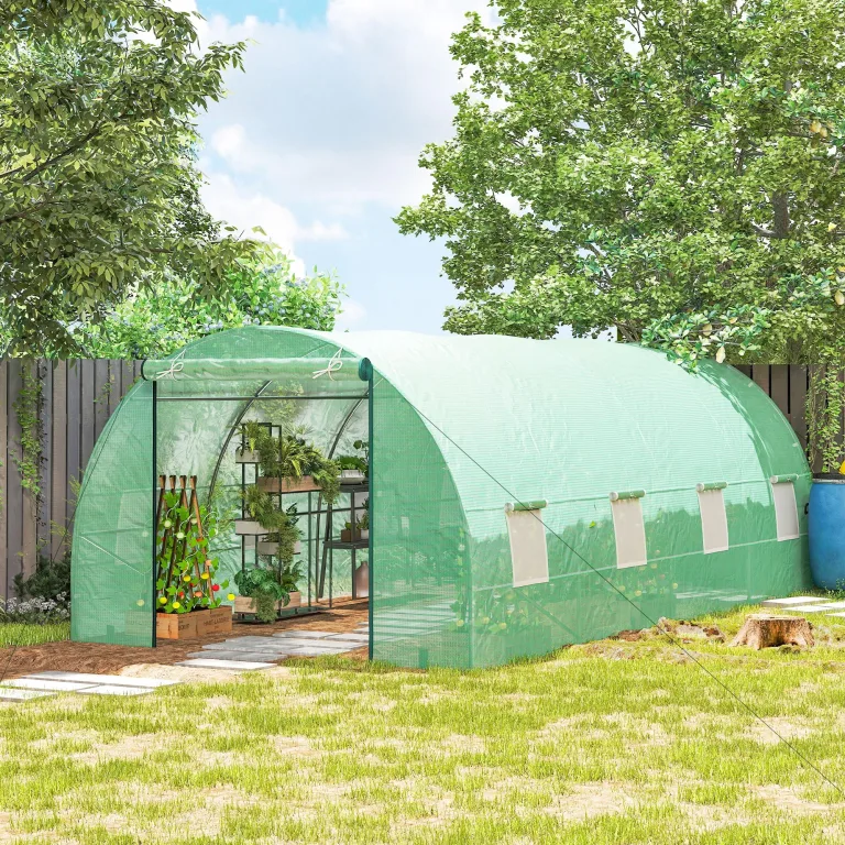 Outsunny Foliengewächshaus Tomatengewächshaus Treibhaus Folientunnel Frühbeet mit Fenster Grün 595 x 300 x 200 cm – Bild 8
