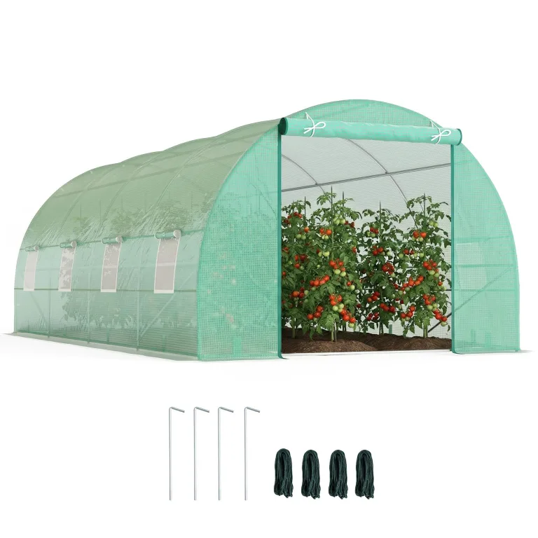 Outsunny Foliengewächshaus Tomatengewächshaus Treibhaus Folientunnel Frühbeet mit Fenster Grün 595 x 300 x 200 cm – Bild 1