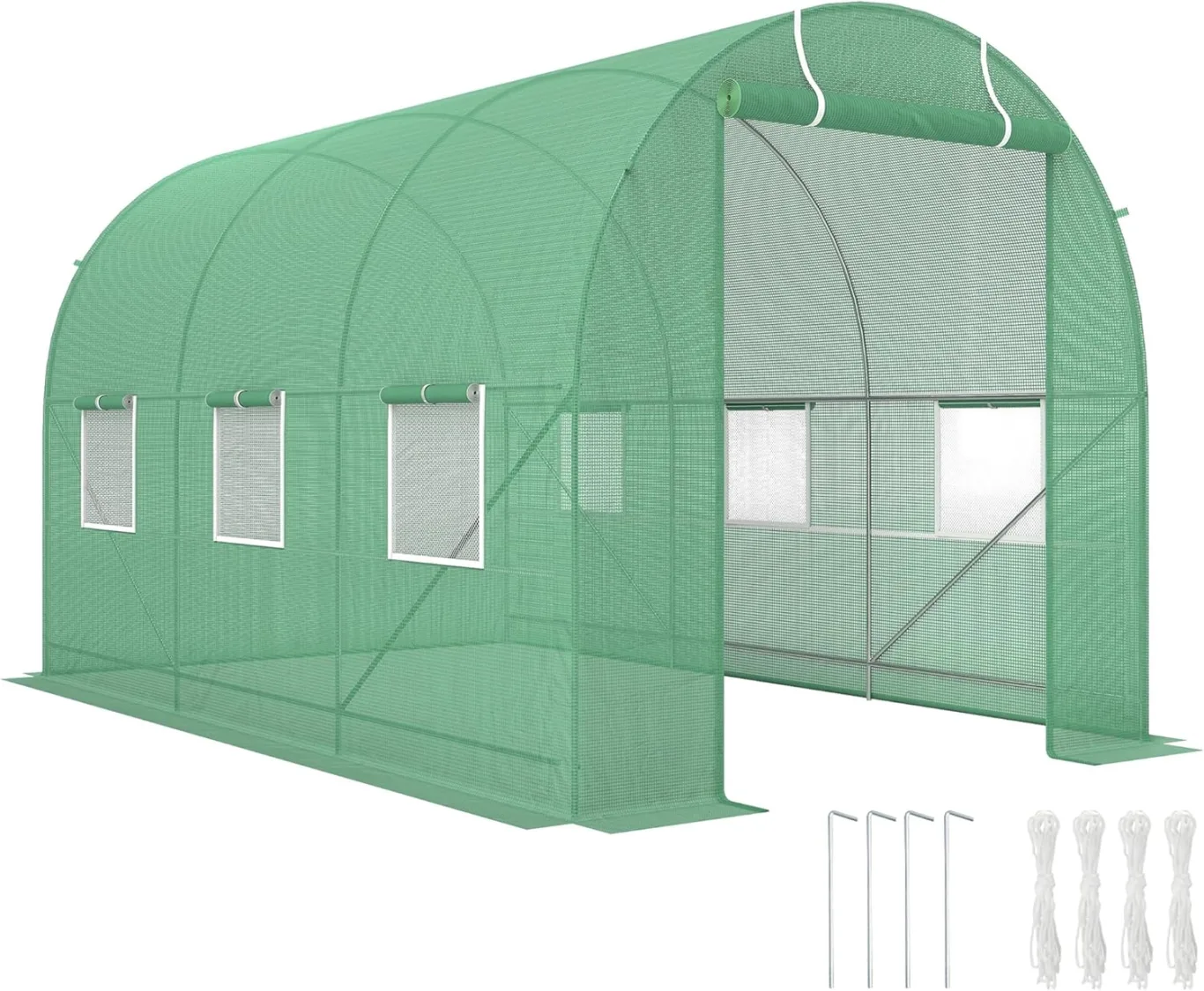 Outsunny Gewächshaus 350x200x200cm Foliengewächshaus Tomatenhaus mit Tür, 6 Fenster, Folientunnel aus verzinktem Stahl, PE, stabiles Treibhaus Pflanztunnel, inkl. Erdanker & Seilen, Grün - Bild 1