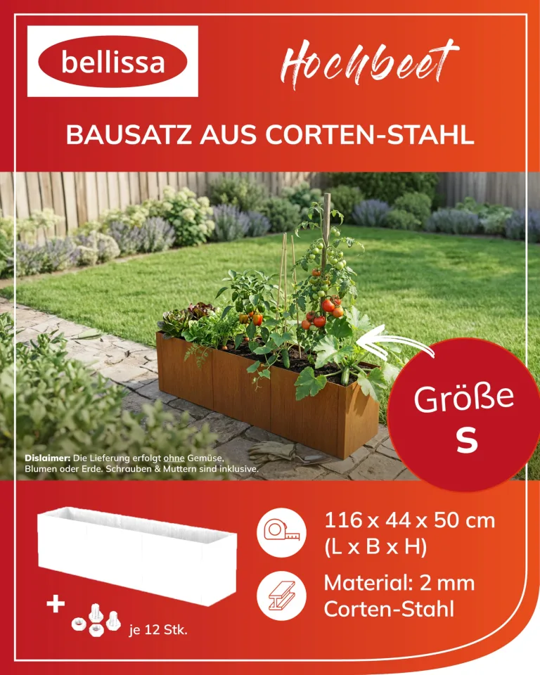 bellissa - Hochbeet Metall PANNELLO – großer modularer Cortenstahl Pflanzkübel (116 x 44 x 50 cm) – wetterfest & erweiterbar mit natürlicher Rostpatina – für Kräuter und Gemüse in Garten & Terrasse – Bild 2