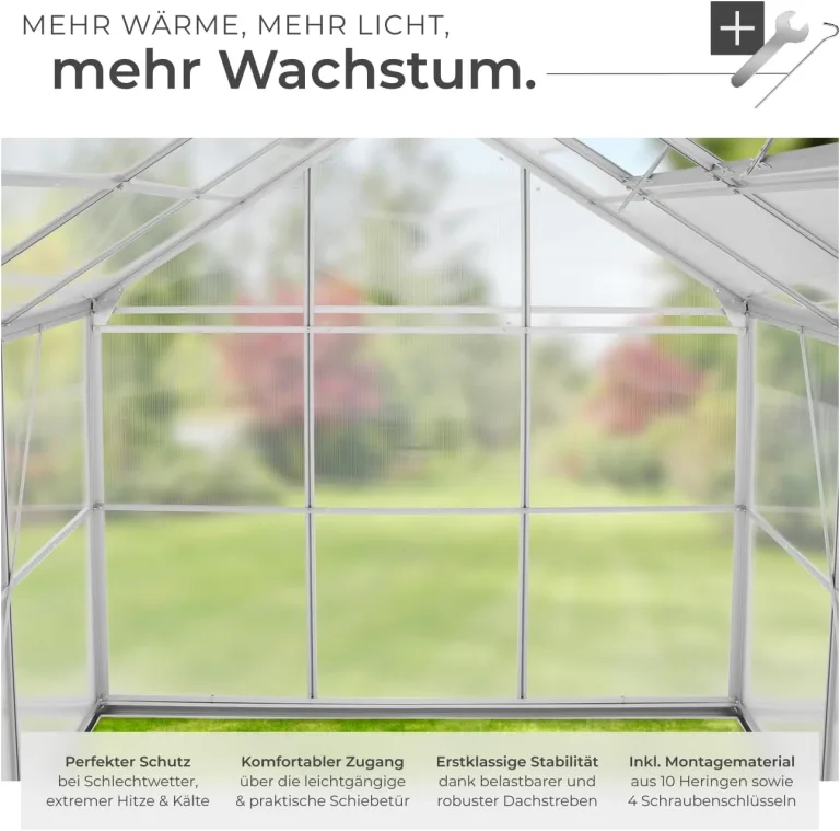 tectake® Aluminium Gewächshaus, 250x185x195 cm, Treibhaus, Tomatenhaus, Frühbeet, Pflanzenhaus, UV beständig, 4 mm Platte, Schiebetür & Dachfenster, Schutz vor Kälte, Regen und Frost - mit Fundament – Bild 4