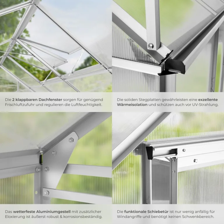 tectake® Aluminium Gewächshaus, 250x185x195 cm, Treibhaus, Tomatenhaus, Frühbeet, Pflanzenhaus, UV beständig, 4 mm Platte, Schiebetür & Dachfenster, Schutz vor Kälte, Regen und Frost - mit Fundament – Bild 5
