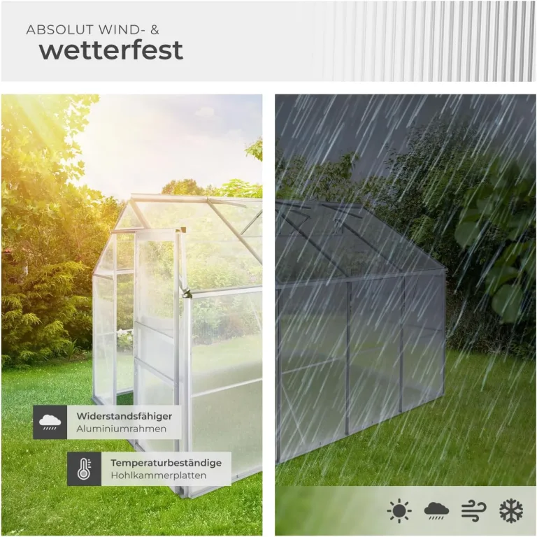 tectake® Aluminium Gewächshaus, 250x185x195 cm, Treibhaus, Tomatenhaus, Frühbeet, Pflanzenhaus, UV beständig, 4 mm Platte, Schiebetür & Dachfenster, Schutz vor Kälte, Regen und Frost - mit Fundament – Bild 6