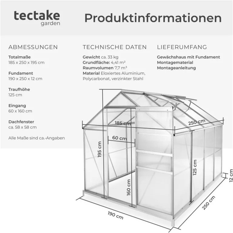 tectake® Aluminium Gewächshaus, 250x185x195 cm, Treibhaus, Tomatenhaus, Frühbeet, Pflanzenhaus, UV beständig, 4 mm Platte, Schiebetür & Dachfenster, Schutz vor Kälte, Regen und Frost - mit Fundament – Bild 7