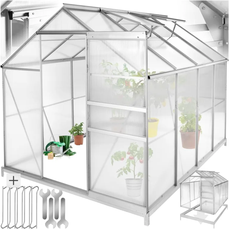 tectake® Aluminium Gewächshaus, 250x185x195 cm, Treibhaus, Tomatenhaus, Frühbeet, Pflanzenhaus, UV beständig, 4 mm Platte, Schiebetür & Dachfenster, Schutz vor Kälte, Regen und Frost - mit Fundament – Bild 1