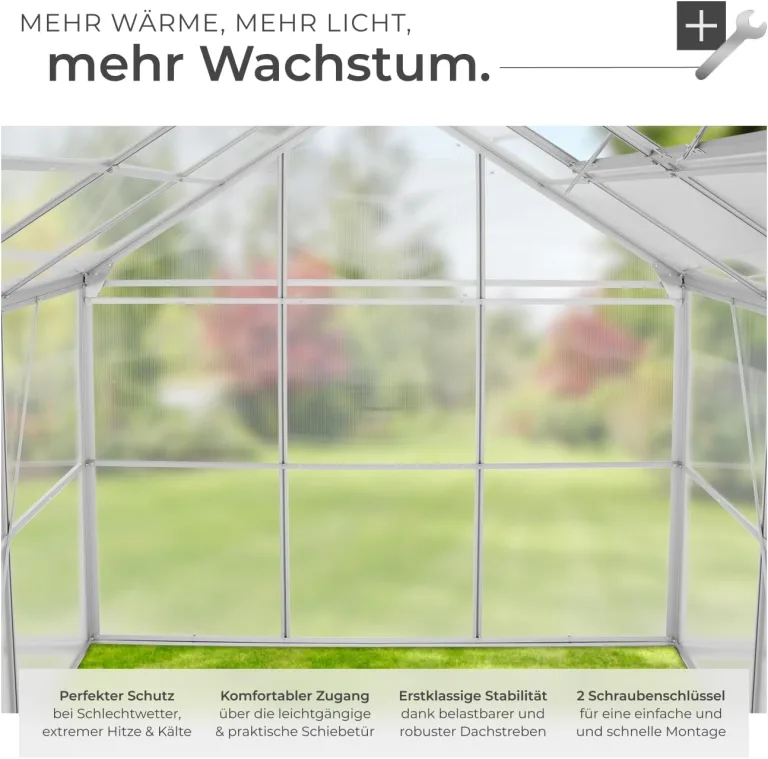 tectake® Aluminium Gewächshaus, 250x185x195 cm, Treibhaus, Tomatenhaus, Frühbeet, Pflanzenhaus, UV beständig, 4 mm Platte, Schiebetür & Dachfenster, Schutz vor Kälte, Regen und Frost - ohne Fundament – Bild 4