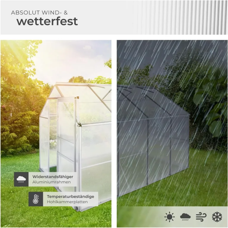 tectake® Aluminium Gewächshaus, 250x185x195 cm, Treibhaus, Tomatenhaus, Frühbeet, Pflanzenhaus, UV beständig, 4 mm Platte, Schiebetür & Dachfenster, Schutz vor Kälte, Regen und Frost - ohne Fundament – Bild 6