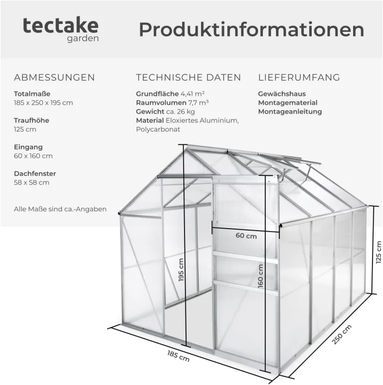 tectake® Aluminium Gewächshaus, 250x185x195 cm, Treibhaus, Tomatenhaus, Frühbeet, Pflanzenhaus, UV beständig, 4 mm Platte, Schiebetür & Dachfenster, Schutz vor Kälte, Regen und Frost - ohne Fundament – Bild 7