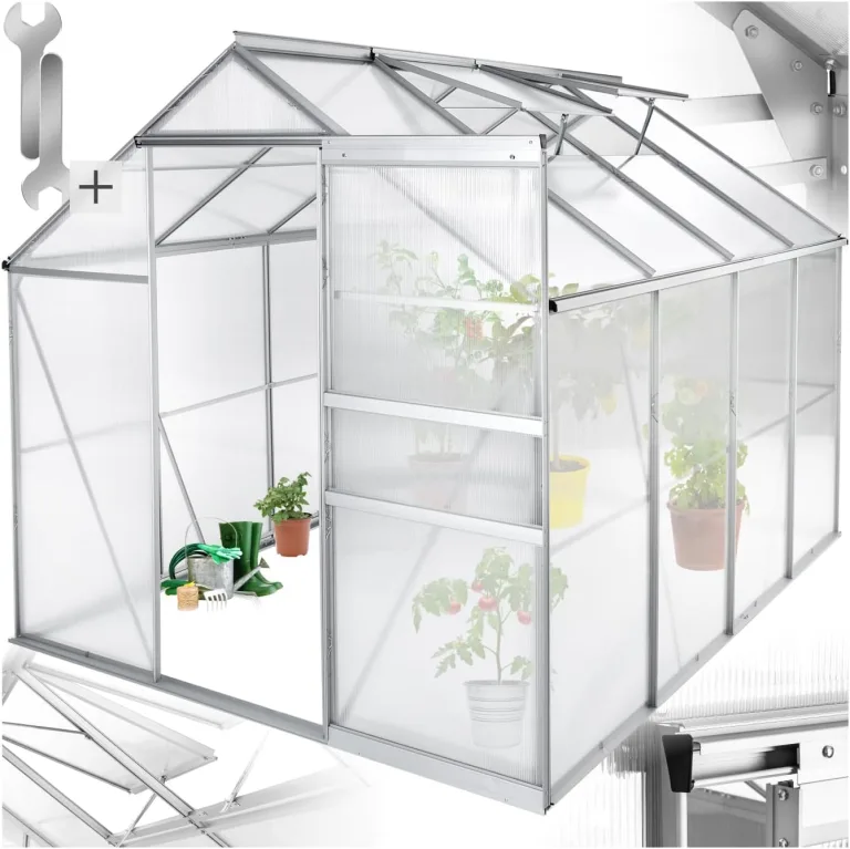 tectake® Aluminium Gewächshaus, 250x185x195 cm, Treibhaus, Tomatenhaus, Frühbeet, Pflanzenhaus, UV beständig, 4 mm Platte, Schiebetür & Dachfenster, Schutz vor Kälte, Regen und Frost - ohne Fundament – Bild 2