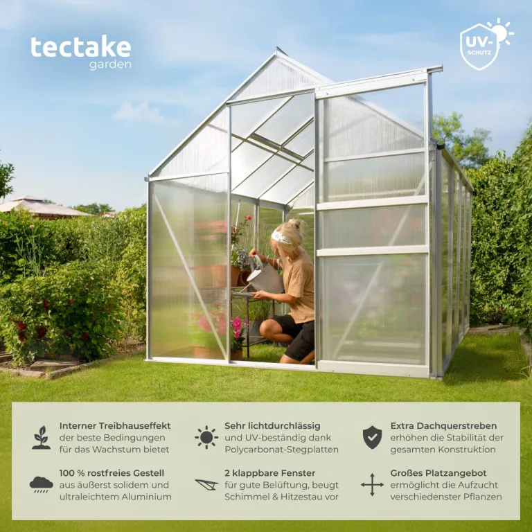 tectake® Aluminium Gewächshaus, 250x185x195 cm, Treibhaus, Tomatenhaus, Frühbeet, Pflanzenhaus, UV beständig, 4 mm Platte, Schiebetür & Dachfenster, Schutz vor Kälte, Regen und Frost - ohne Fundament – Bild 3