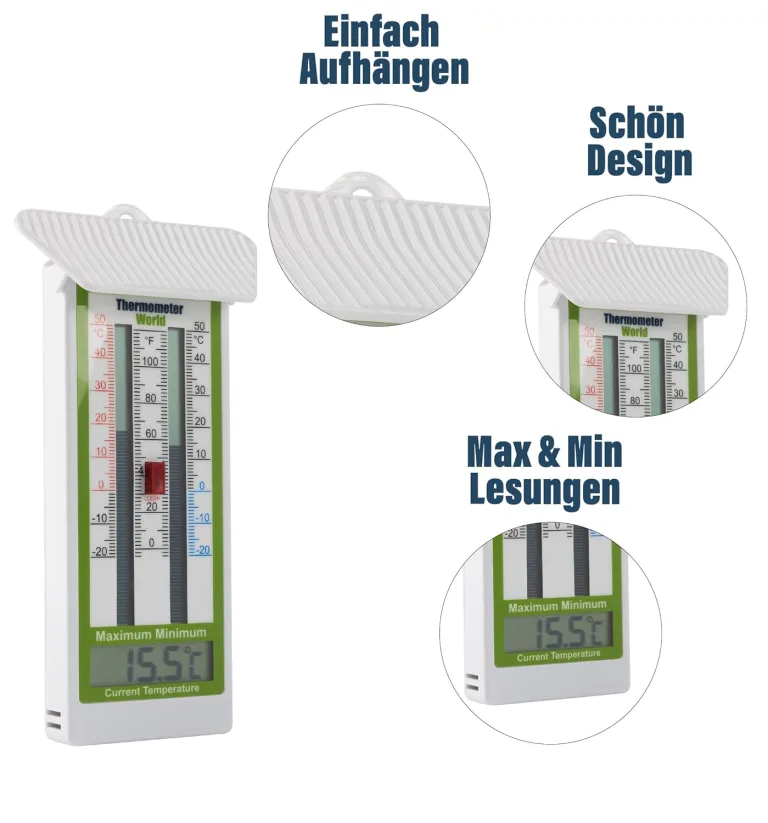 Digitales Gewächshaus-Thermometer – Klassisches Min-Max-Thermometer zur Messung von Maximal- und Minimaltemperaturen – Wandmontiertes Gewächshaus-Minimum-Maximum – Bild 4