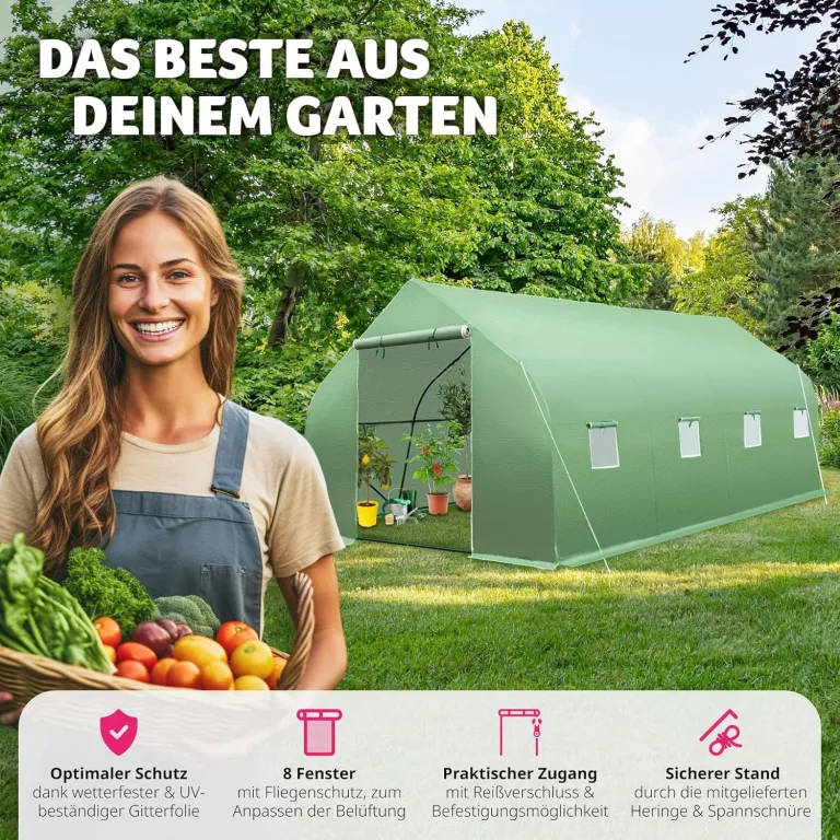 tectake® Gewächshaus Foliengewächshaus 18m² | 600 x 300 x 205 cm | Treibhaus mit 8 Fenster mit Fliegenschutzgitter, Folientunnel zur Überdachung, Tomatenhaus – Bild 4