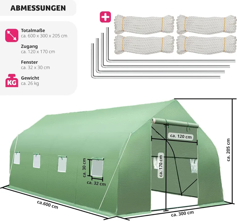 tectake® Gewächshaus Foliengewächshaus 18m² | 600 x 300 x 205 cm | Treibhaus mit 8 Fenster mit Fliegenschutzgitter, Folientunnel zur Überdachung, Tomatenhaus – Bild 6