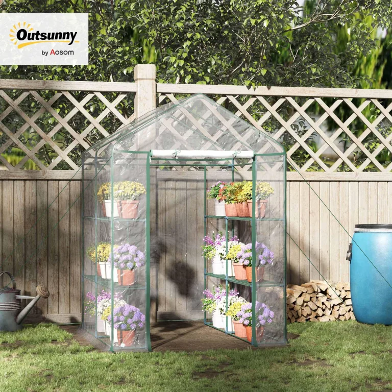 Outsunny Foliengewächshaus begehbares Gartenhäuschen Tomatengewächshaus Treibhaus Frühbeet mit 6 Regalen Transparent Stahl PVC-Kunststoff 143 x 143 x 195 cm – Bild 2