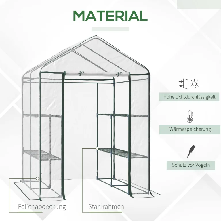 Outsunny Foliengewächshaus begehbares Gartenhäuschen Tomatengewächshaus Treibhaus Frühbeet mit 6 Regalen Transparent Stahl PVC-Kunststoff 143 x 143 x 195 cm – Bild 3