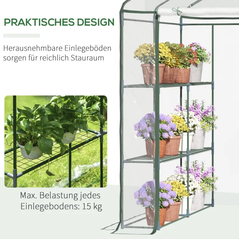 Outsunny Foliengewächshaus begehbares Gartenhäuschen Tomatengewächshaus Treibhaus Frühbeet mit 6 Regalen Transparent Stahl PVC-Kunststoff 143 x 143 x 195 cm – Bild 6