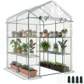 Outsunny Foliengewächshaus begehbares Gartenhäuschen Tomatengewächshaus Treibhaus Frühbeet mit 6 Regalen Transparent Stahl PVC-Kunststoff 143 x 143 x 195 cm - Thumbnail 1