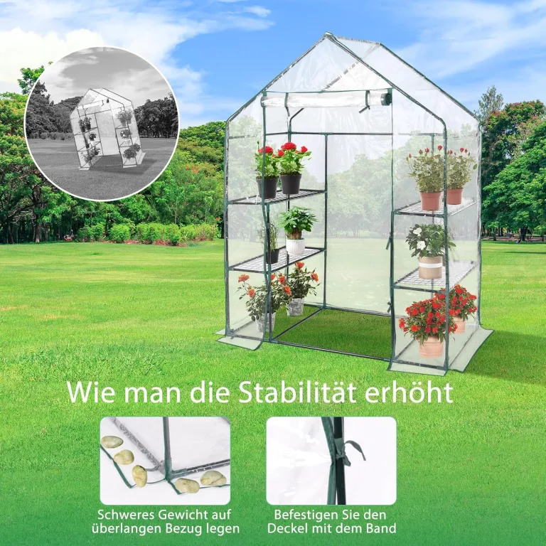 COSTWAY Gewächshaus Foliengewächshaus, Treibhaus mit 2 Pflanzenständern & aufrollbaren Tür, Tomatenhaus Tomaten, Pflanzenhaus mit PE Gitterfolie, 143x73x195cm, Weiß und transparent – Bild 5