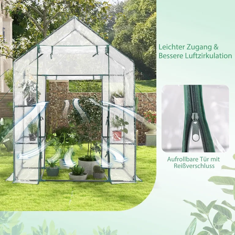 COSTWAY Gewächshaus Foliengewächshaus, Treibhaus mit 2 Pflanzenständern & aufrollbaren Tür, Tomatenhaus Tomaten, Pflanzenhaus mit PE Gitterfolie, 143x73x195cm, Weiß und transparent – Bild 6