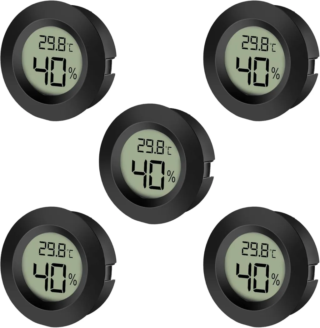 EEEKit Mini Hygrometer Thermometer, 5 Stück Klein Hydrometers, Feuchtigkeitsmesser Temperaturmessgerät für Keller Gewächshaus, Schwarzer Rund