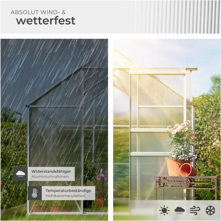 tectake® Aluminium Gewächshaus, 190x185x195 cm, Treibhaus, Tomatenhaus, Frühbeet, Pflanzenhaus, UV beständig, 4 mm Platte, Schiebetür & Dachfenster, Schutz vor Kälte, Regen und Frost - ohne Fundament – Bild 6