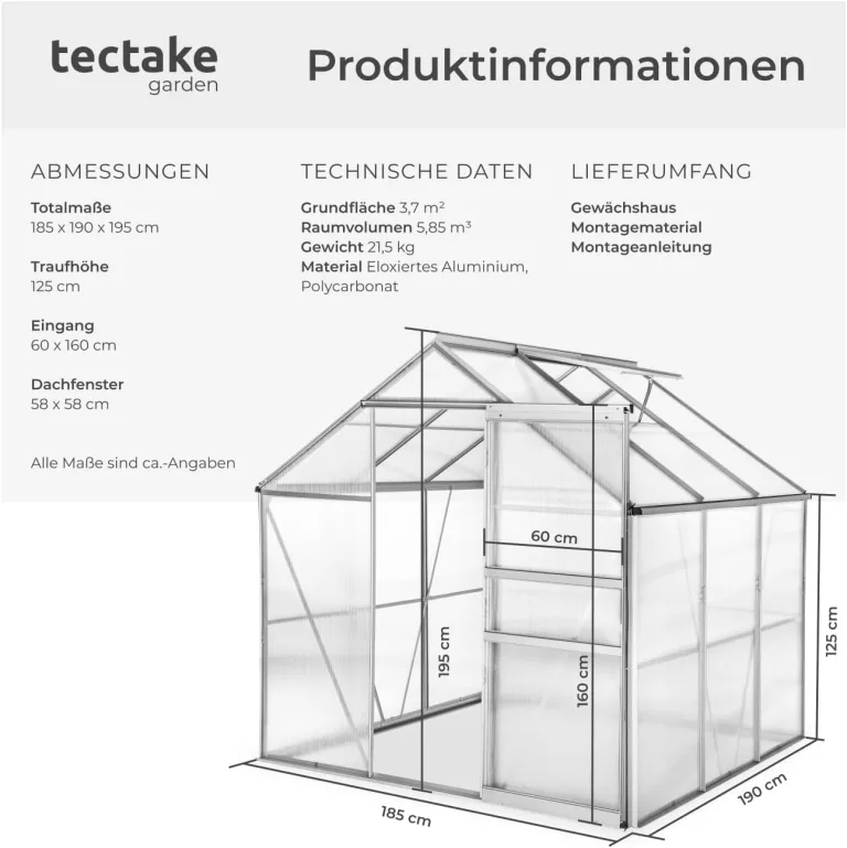 tectake® Aluminium Gewächshaus, 190x185x195 cm, Treibhaus, Tomatenhaus, Frühbeet, Pflanzenhaus, UV beständig, 4 mm Platte, Schiebetür & Dachfenster, Schutz vor Kälte, Regen und Frost - ohne Fundament – Bild 7
