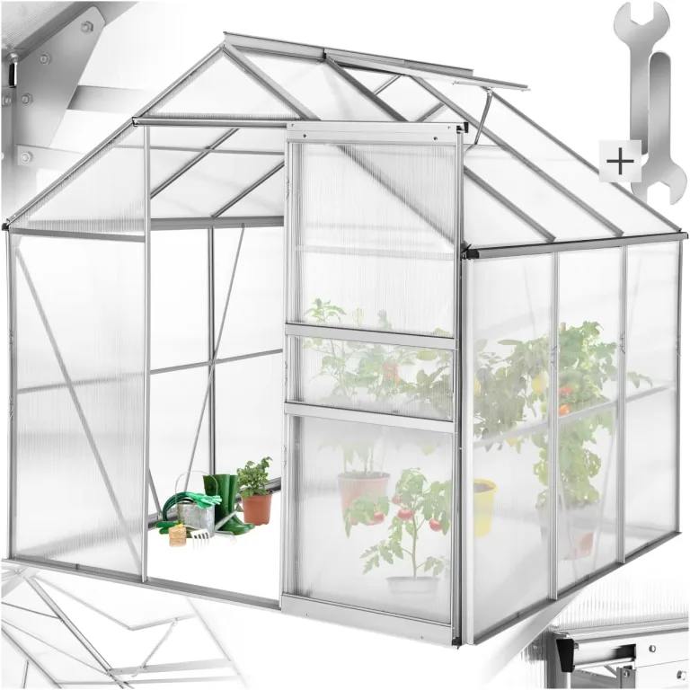 tectake® Aluminium Gewächshaus, 190x185x195 cm, Treibhaus, Tomatenhaus, Frühbeet, Pflanzenhaus, UV beständig, 4 mm Platte, Schiebetür & Dachfenster, Schutz vor Kälte, Regen und Frost - ohne Fundament – Bild 2