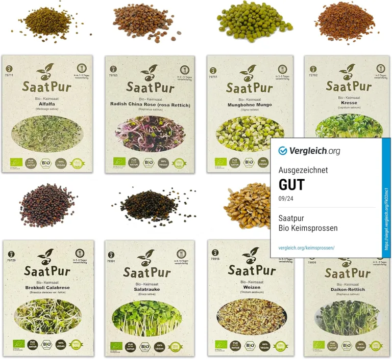 SaatPur Bio Sprossen Samen Set (12 Sorten) Weizen, Sonnenblumen, Zwiebeln, Linsen, Kresse, Alfalfa, Brokkoli, Rauke, Daikon Rettich, Mung Bohnen, Radies Red Rubin, Erbsen. – Bild 3