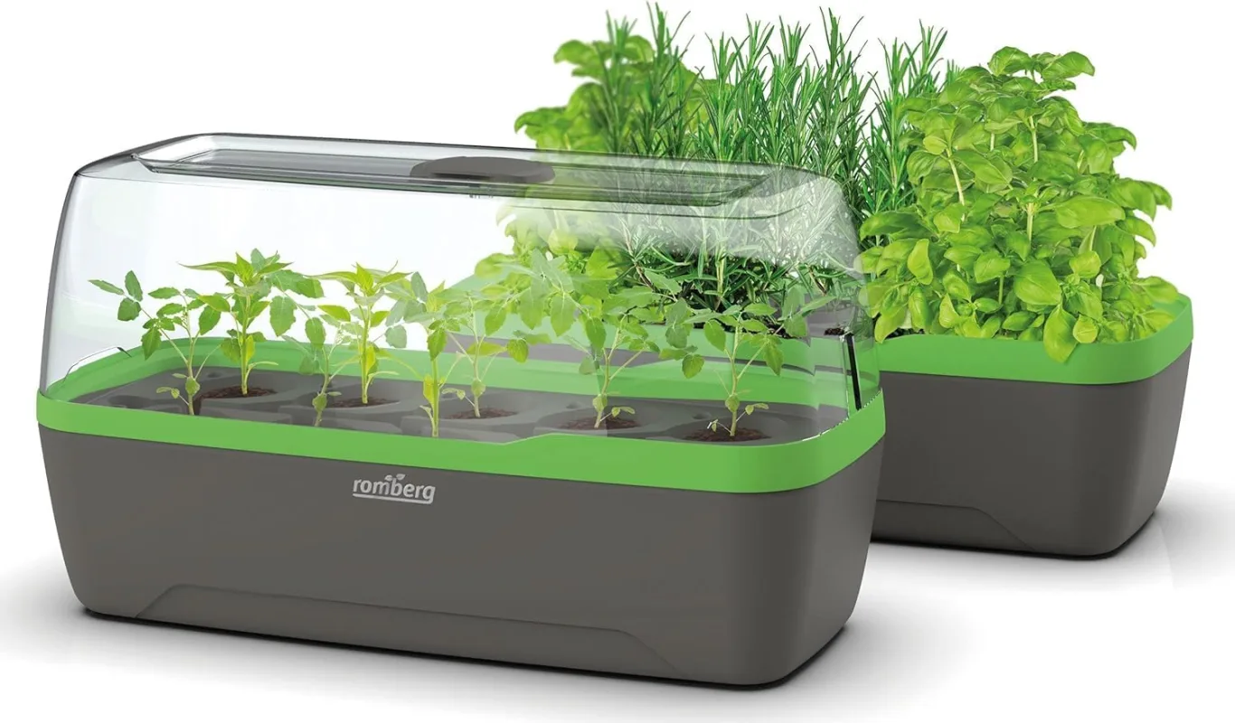 Romberg BoQube L Plus Mini Gewächshaus Anzuchtset & Pflanzkasten mit 10 selbstbewässernden Pflanzzellen und Bewässerungssystem, Zimmergewächshaus für Indoor Kräutergarten, 41×17×23 cm, Anthrazit-Grün - Bild 1