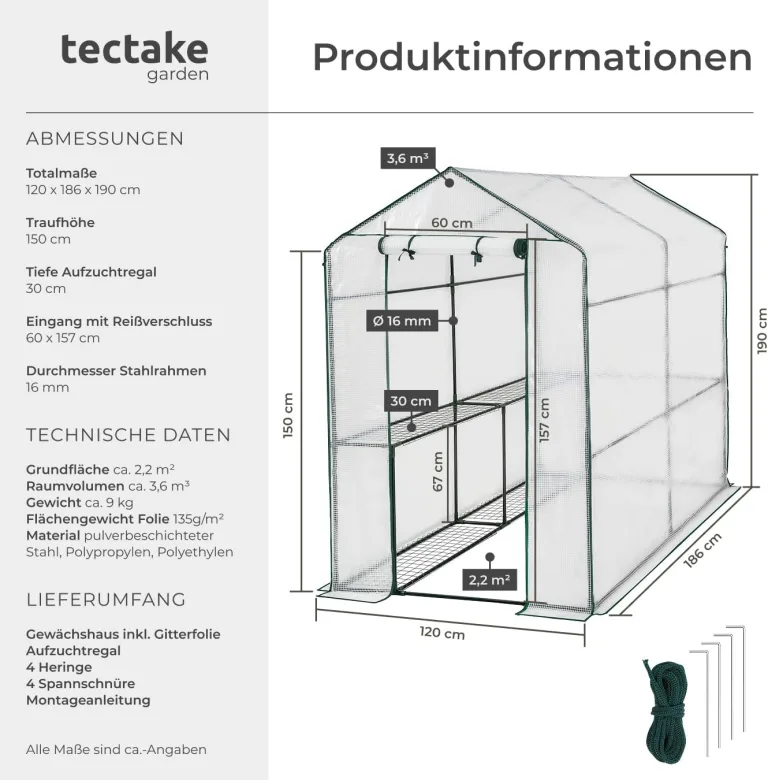 tectake® Gewächshaus mit UV-beständiger PE-Gitterfolie und 4 Metallablagegittern, 186 x 120 x 190 cm, Anzucht Gewächshaus für Tomaten & Pflanzen, Foliengewächshaus schützt vor Kälte, Regen und Frost – Bild 7