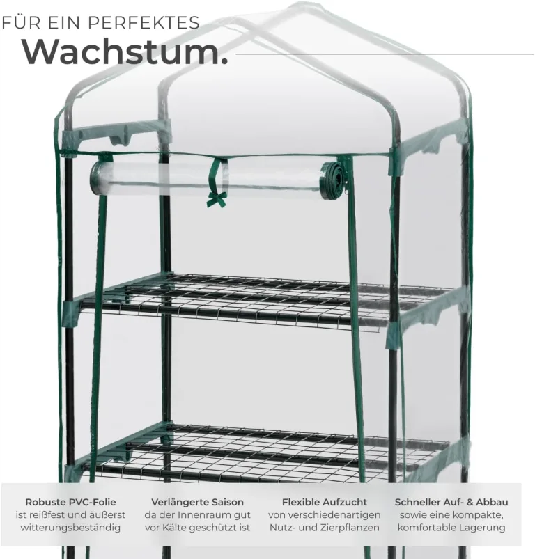 tectake® Mobiles Foliengewächshaus mit 3 Ablagen, Gewächshaus auf Rollen, stabil, UV stabilisierte PVC Folie, schützt Pflanzen vor Kälte, Regen und Frost, für Balkon, Garten Terrasse, 69 x 49 x 133 cm – Bild 3