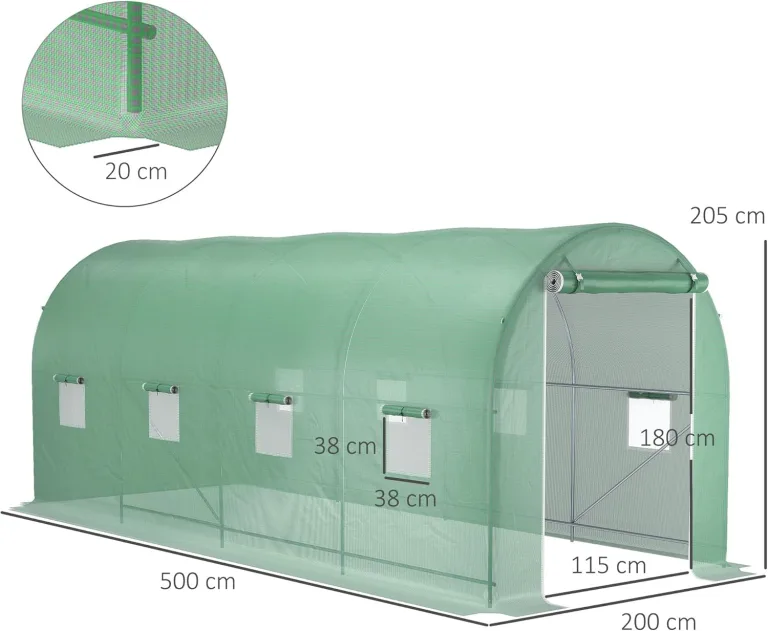 Outsunny Gewächshaus 500x200x205cm Foliengewächshaus Tomatenhaus mit Tür, 8 Fenster, Folientunnel aus verzinktem Stahl, PE, stabiles Treibhaus Pflanztunnel, inkl. Erdanker & Seilen, Grün – Bild 8