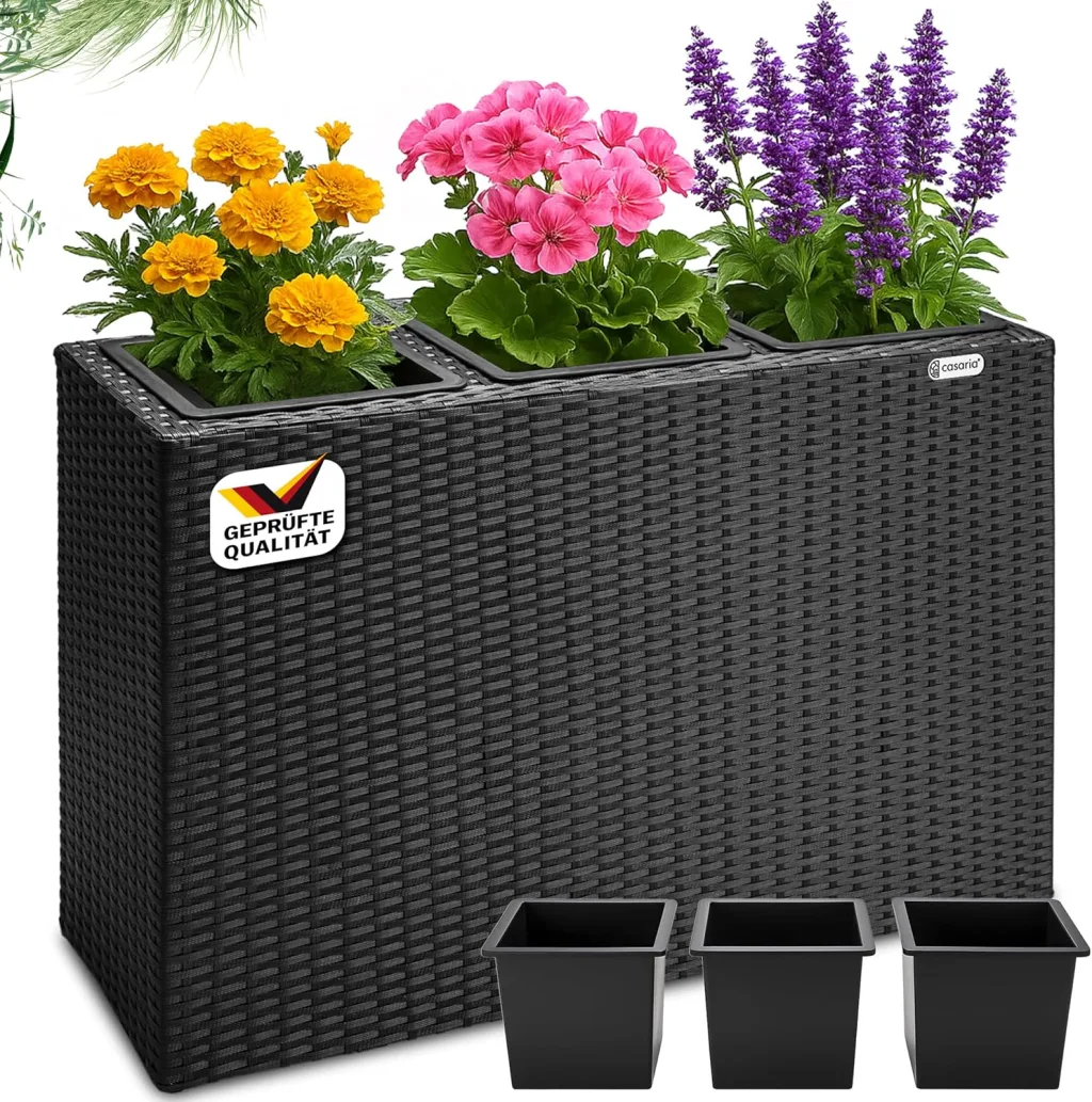 Casaria® Blumenkasten 3 Innentöpfe Polyrattan Herausnehmbar Wasserablauf Outdoor Rechteckig Pflanzkasten Blumentopf Hochbeet Pflanzkübel Schwarz