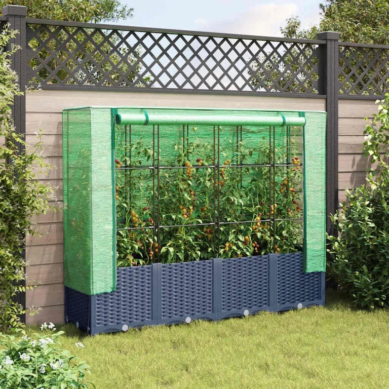 Hochbeet mit Gewächshaus und Abdeckung 160x40x138 cm Rattanoptik für Garten Balkon, Stabiles PP Beet mit PE Netz für Gemüse Kräuter Blumen, Wetterfester Schutz – Bild 3
