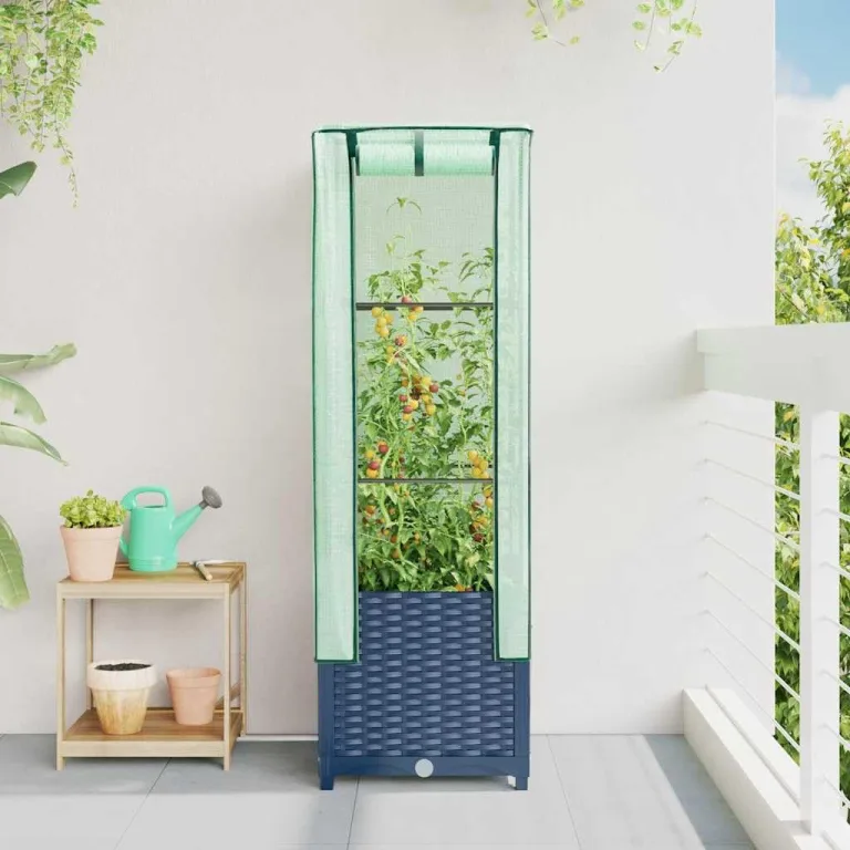 Hochbeet mit Gewächshaus Aufsatz 40x40x139 cm Rattan Optik für Tomaten Gemüse Kräuter, Frühbeet mit Stabilem Eisenrahmen und Wasserdichter Abdeckung für Garten Balkon Terrasse – Bild 3