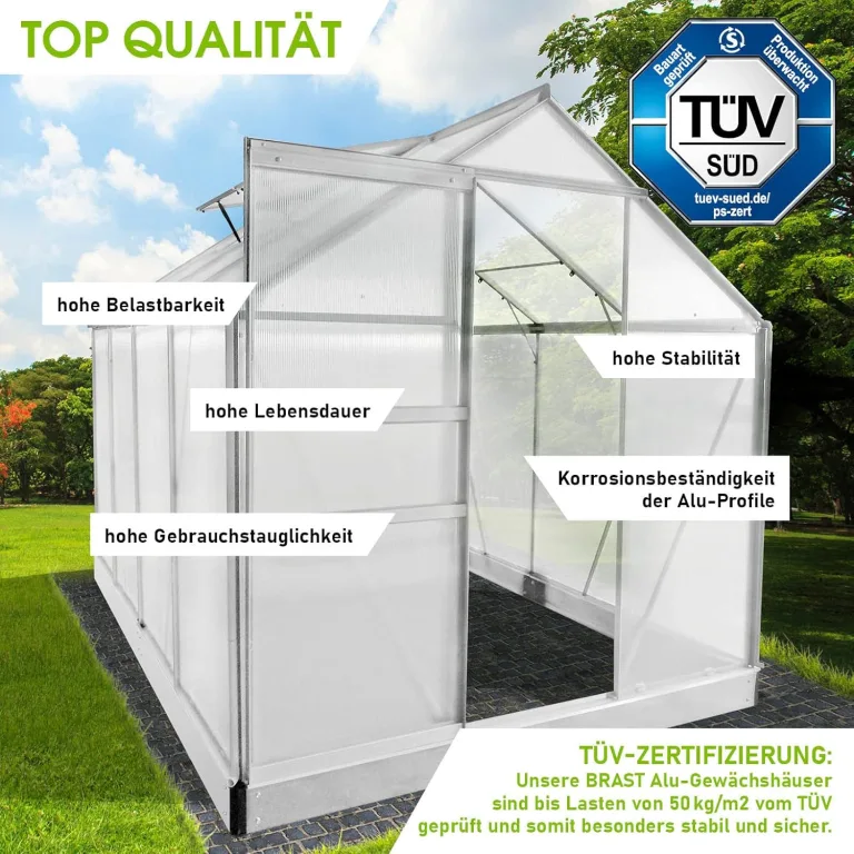 BRAST Gewächshaus Aluminium mit Fundament | 42 Modelle | 130x190x195cm - 490x250x235cm | TÜV geprüft | 6mm Hohlkammerplatten | rostfrei wetterfest temperaturbeständig | 250x190x195cm Silber – Bild 4